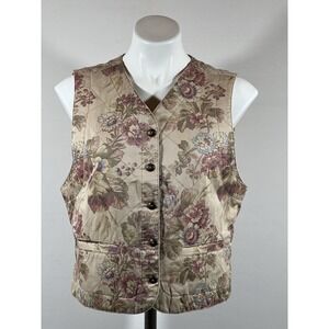 Vintage Floral Quilted Vest Womens Medium Cottagecore Boho Button Front